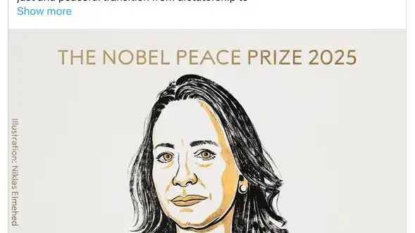 A tweet from the White House Director of Communications, Steven Cheung. He is responding to a tweet naming the 2025 Nobel Peace Prize winner, Maria Corina Machado. Cheung writes: "President Trump will continue making peace deals, ending wars, and saving lives. He has the heart of a humanitarian, and there will never be anyone like him who can move mountains with the sheer force of his will. The Nobel Committee proved they place politics over peace."