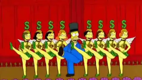 "homer simpson wearing a suit and a top hat does a chorus line with a bunch of women with $ hats"