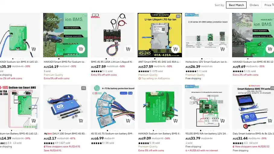screenshot of aforementioned search's results, showing listings for sodium-ion bms boards for AU$10~AU$40 or so