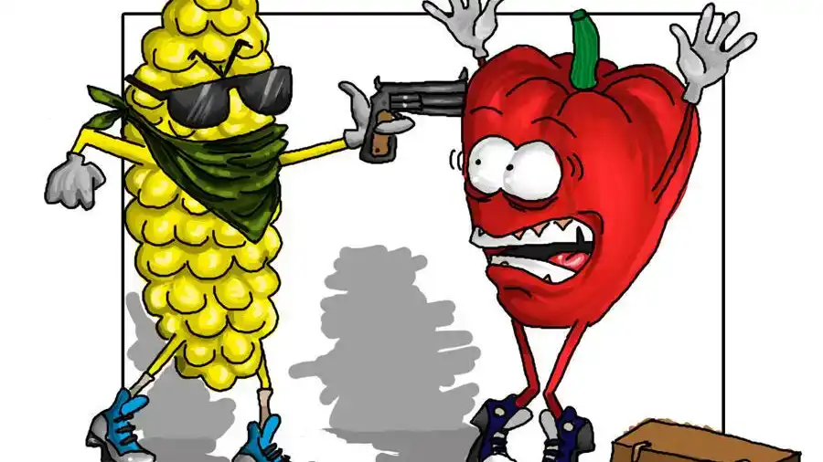 A corn thug from the CROPS pointing a gun at an apple