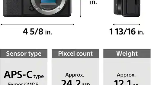 Dimensions of a recent Sony mirrorless camera, shown without lens.